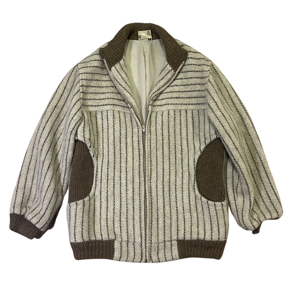 Samband of Iceland women’s L Large beige brown stripe 100% wool thick jacket